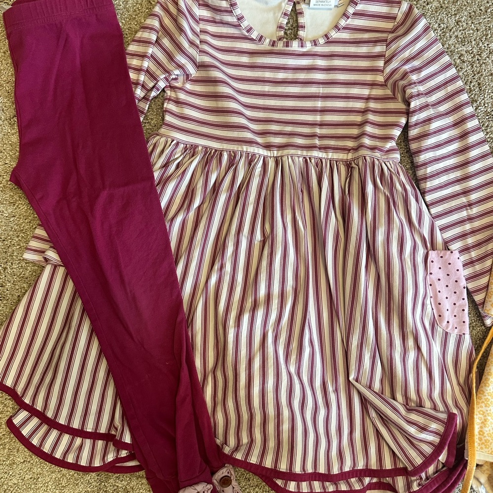 Girls' Striped Pink & Burgundy Matching Set - Long Sleeve Dress & Leggings
